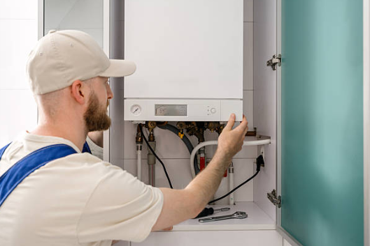 A technician in a beige cap and blue overalls adjusts the settings on a white wall-mounted combi boiler located inside a storage cabinet.