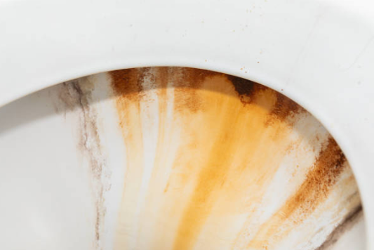 A close-up view shows heavy orange and brown rust streaks staining the white porcelain interior of a toilet bowl.