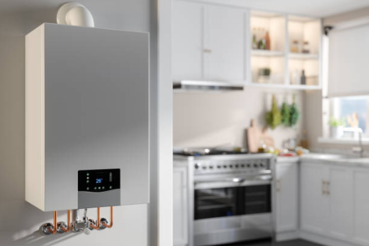 A modern, silver wall-mounted tankless water heater with a digital display and copper piping is installed in a bright, contemporary kitchen.